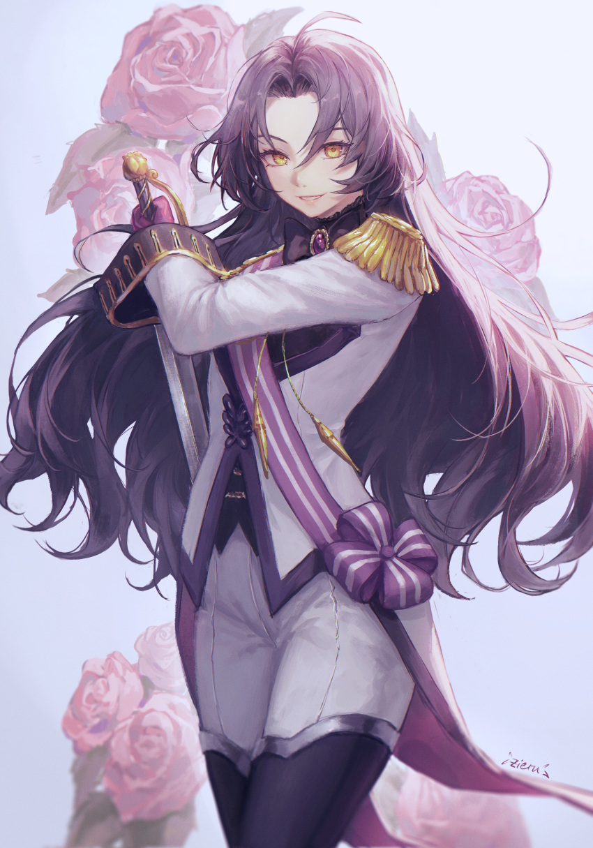1girl, absurdres, bangs, black_hair, black_legwear, black_shirt, boots, dominique_de_sade, epaulettes, flower, gloves, highres, holding, holding_sword, holding_weapon, jacket, long_hair, looking_at_viewer, pants, parted_bangs, parted_lips, pink_flower, pink_rose, purple_gloves, rose, shirt, smile, solo, sword, thigh-highs, thigh_boots, vanitas_no_carte, very_long_hair, weapon, white_jacket, white_pants, yellow_eyes, zieru