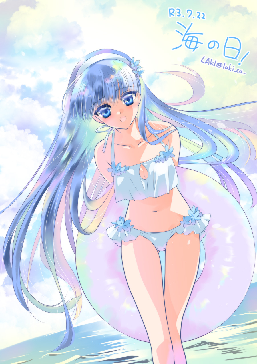 1girl, bikini, blue_eyes, blue_hair, blue_theme, clouds, cowboy_shot, flower, hair_flower, hair_ornament, hairband, highres, holding, holding_innertube, innertube, laki_(laki_cu), long_hair, looking_at_viewer, magic_knight_rayearth, marine_day, outdoors, ryuuzaki_umi, shiny, shiny_hair, sky, solo, standing, swimsuit, thigh_gap, water, white_bikini, white_hairband