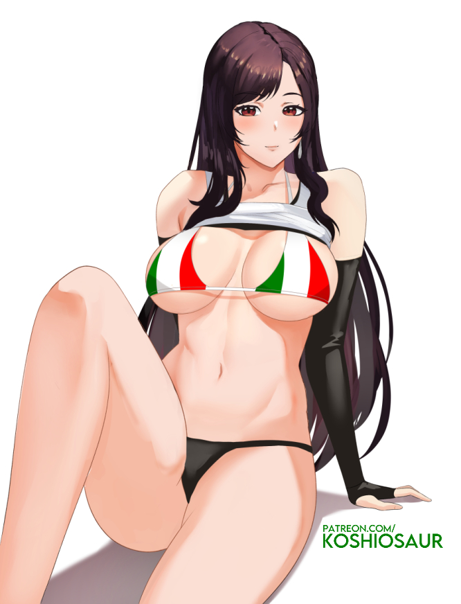 1girl, black_hair, blush, breasts, clothes_lift, elbow_gloves, final_fantasy, final_fantasy_vii
