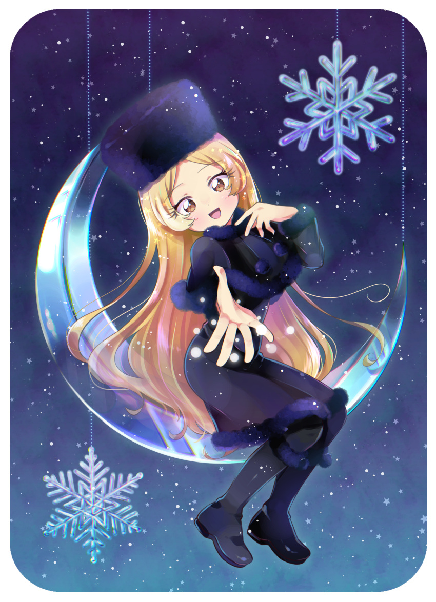 1girl, absurdres, bangs, black_capelet, black_dress, black_footwear, black_headwear, black_legwear