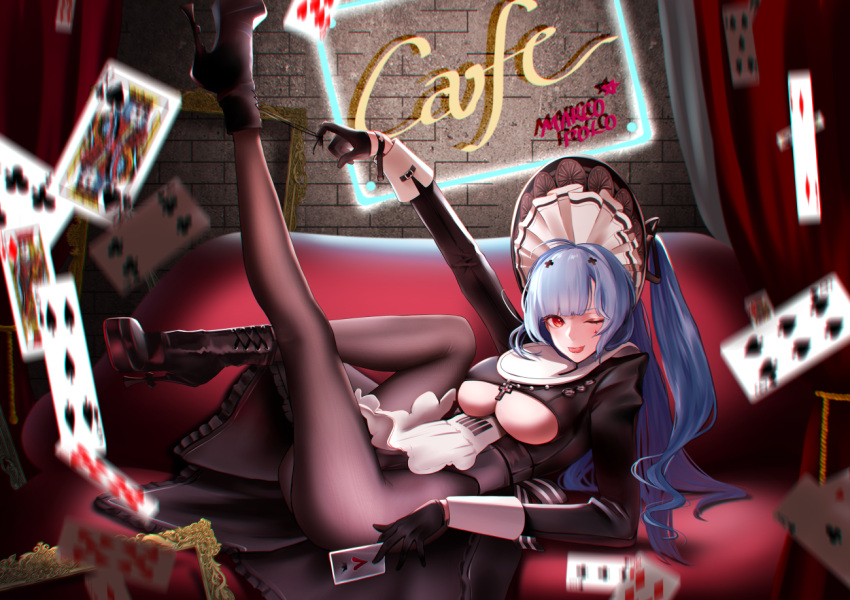 1girl, ass, azur_lane, black_dress, black_gloves, black_legwear, blue_hair, boots, breasts, card, character_name, clothing_cutout, couch, curtains, dress, full_body, gloves, half_gloves, high_heel_boots, high_heels, large_breasts, long_hair, looking_at_viewer, lyche_(lychexo), maid_headdress, marco_polo_(azur_lane), marco_polo_(the_queen_of_hearts)_(azur_lane), official_alternate_costume, on_couch, one_eye_closed, pantyhose, platform_boots, platform_footwear, playing_card, red_eyes, solo, tongue, tongue_out, under_boob, underboob_cutout