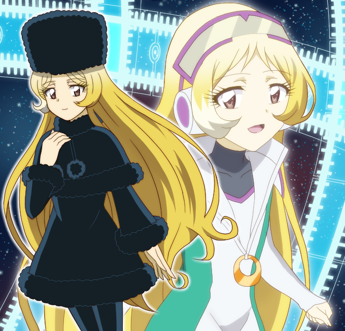 2girls, black_capelet, black_dress, black_headwear, black_legwear, capelet, clenched_hand, collarbone
