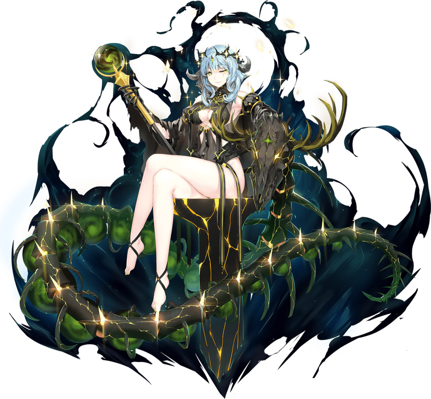 1girl, ankle_ribbon, antlers, ark_order, balor_(ark_order), bangs, bare_legs, bare_shoulders