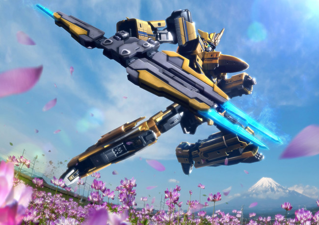 blue_eyes, clenched_hand, doctor_yellow_(shinkalion), flower, flying, holding, holding_polearm, holding_weapon, lens_flare, mecha, mount_fuji, official_art, petals, polearm, purple_flower, science_fiction, shinkansen_henkei_robo_shinkalion, sky, solo, weapon