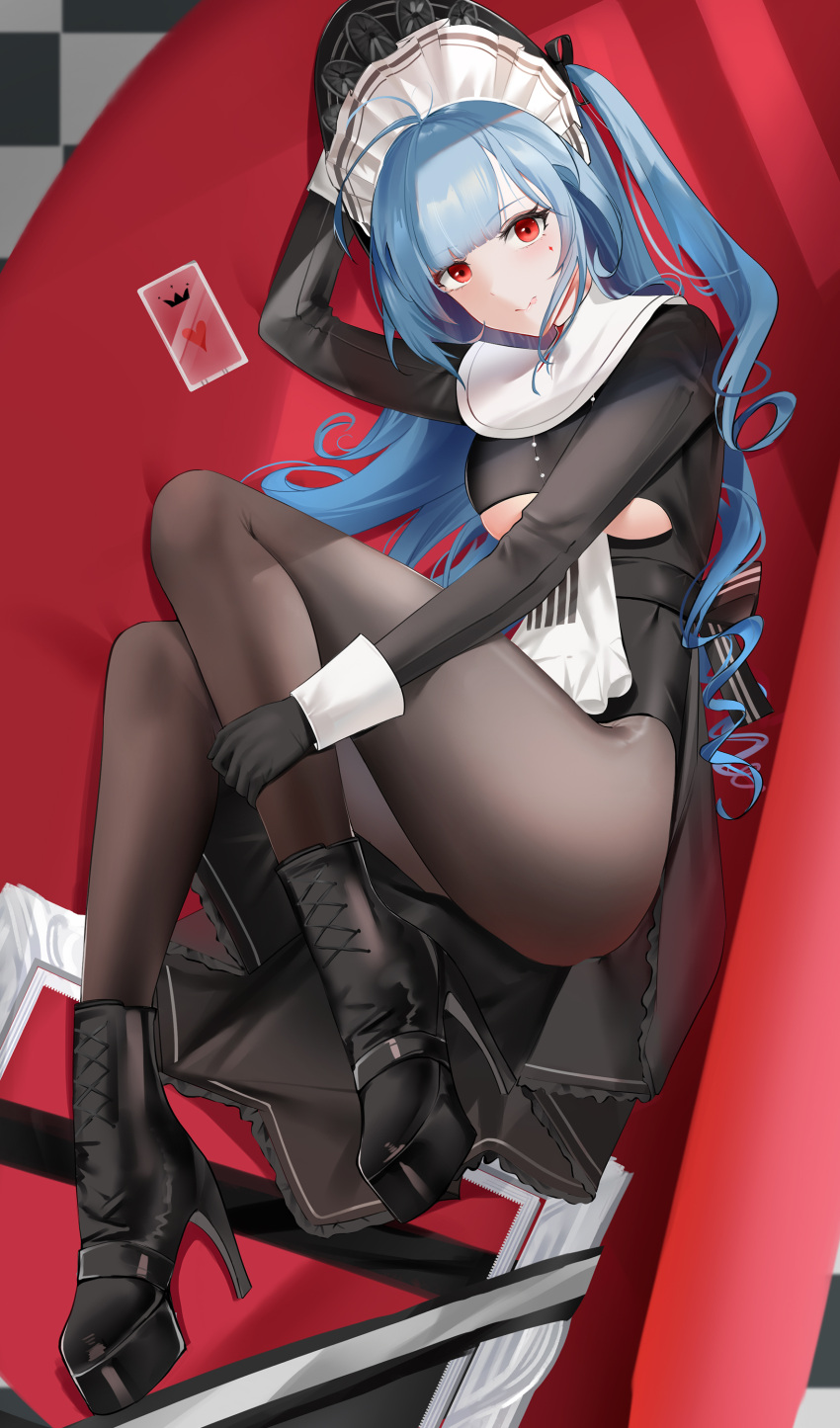1girl, :q, absurdres, azur_lane, black_dress, black_footwear, black_gloves, blue_hair