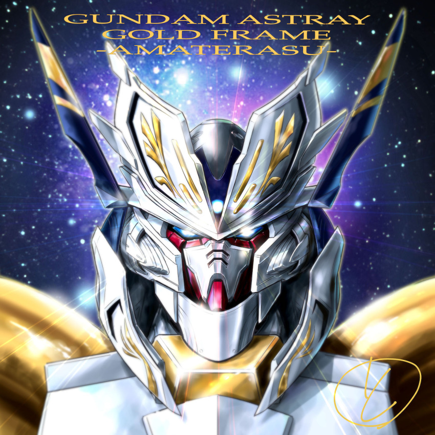 blue_eyes, character_name, glowing, glowing_eyes, gundam, gundam_astray_gold_frame_amaterasu, gundam_seed, gundam_seed_astray_tenku_no_hime, highres, looking_at_viewer, mecha, portrait, solo, space, third_eye, tokita_kouichi