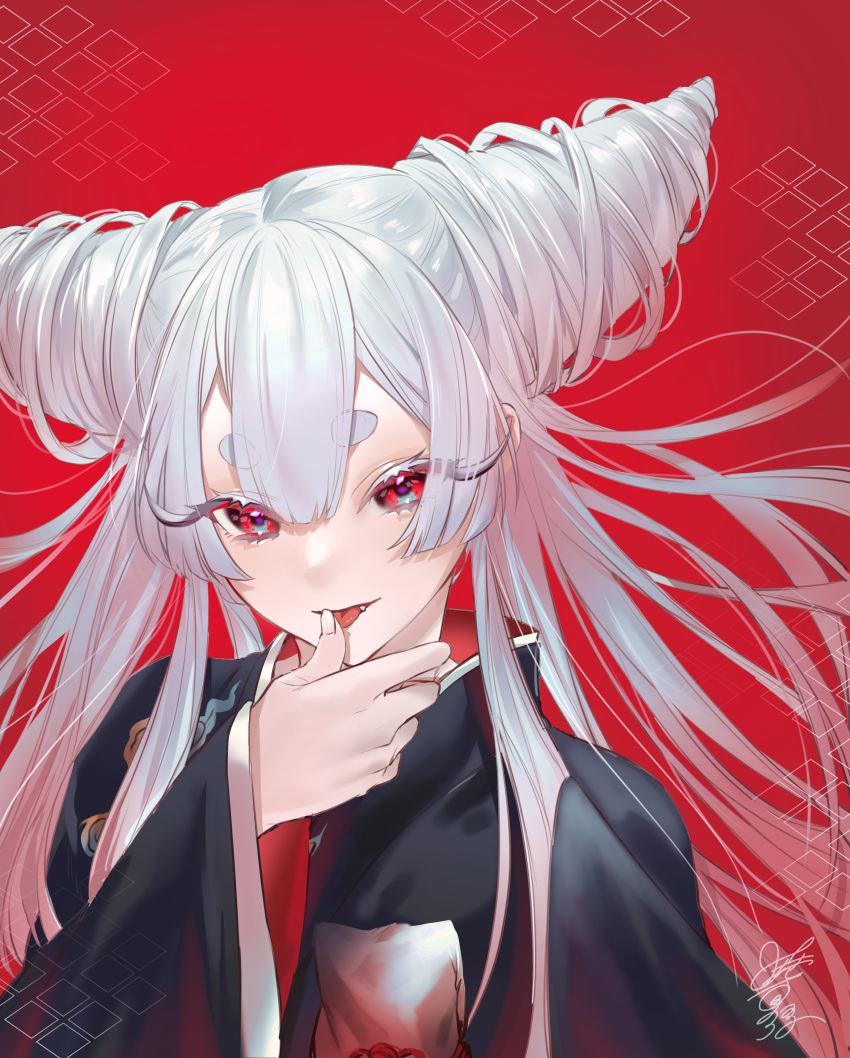 1girl, absurdres, ayashimon, bangs, black_kimono, blue_eyes, drill_hair, eyelashes, flame_print, floating_hair, hair_between_eyes, hair_horns, highres, hikimayu, himari_(_h_i8), horns, japanese_clothes, kimono, licking, licking_finger, long_eyelashes, long_hair, long_sleeves, looking_at_viewer, multicolored_eyes, parted_bangs, red_background, red_eyes, signature, simple_background, solo, upper_body, urara_(ayashimon), white_hair, wide_sleeves