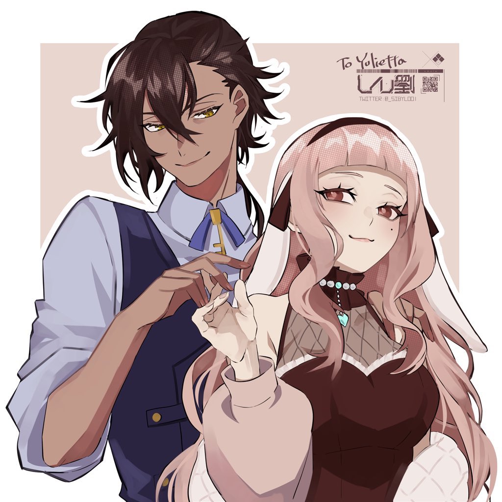 1boy, 1girl, bangs, bead_choker, blue_shirt, blue_vest, blunt_bangs, breasts
