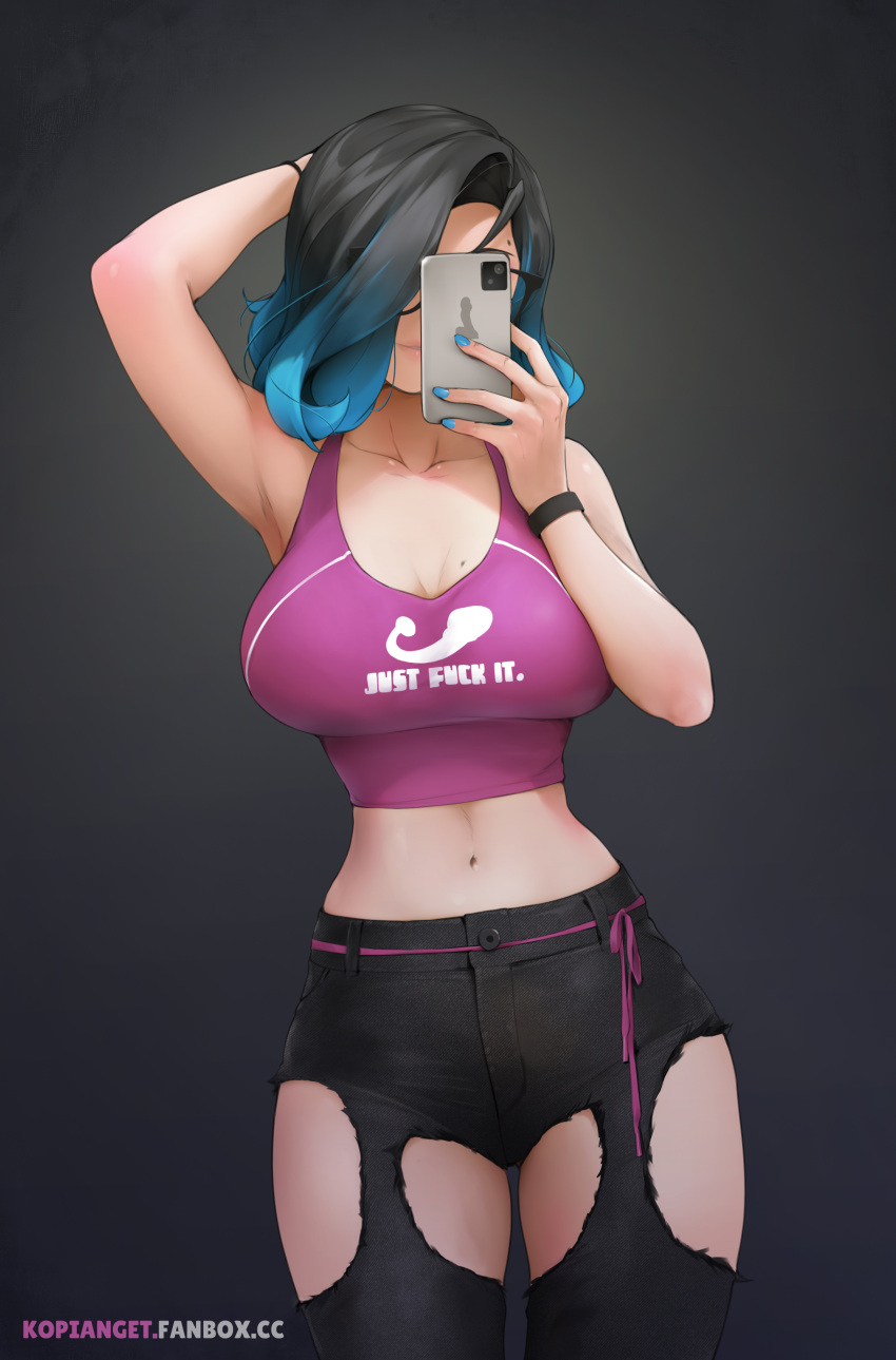 1girl, absurdres, arm_up, black-framed_eyewear, black_hair, blue_hair, blue_nails, breasts, clothes_writing, cowboy_shot, dark_background, denim, glasses, gradient, gradient_background, highres, holding, holding_phone, jeans, kopianget, large_breasts, midriff, mole, mole_above_eye, mole_on_breast, multicolored_hair, navel, original, pants, phone, print_shirt, profanity, selfie, shelby_seraphine, shirt, solo, tank_top, torn_clothes, torn_jeans, torn_pants, two-tone_hair, wristband