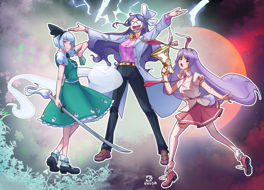 3girls, animal_ears, asakura_rikako, bangs, black_bow, black_bowtie, black_footwear, black_hairband