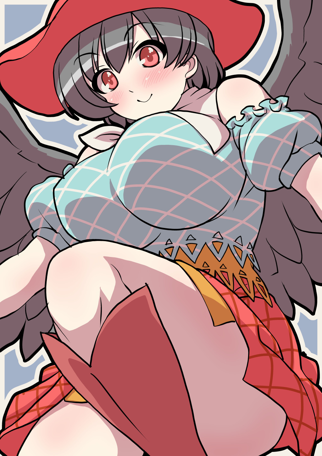 1girl, bandana, bangs, bare_shoulders, black_hair, black_wings, blue_shirt, blush
