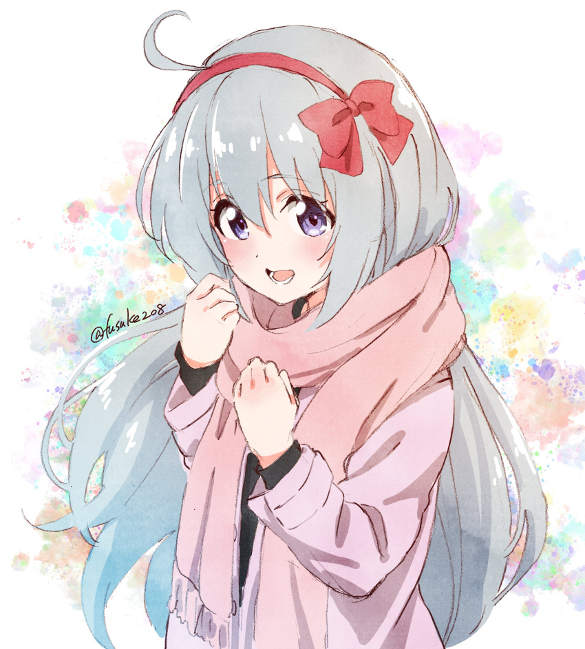 1girl, absurdres, blush, bow, bow_hairband, fuusuke_(fusuke208), hairband, headband, highres, kanaru_hanon, long_hair, long_sleeves, looking_to_the_side, pale_skin, palette_project, scarf, silver_hair, smile, violet_eyes, virtual_youtuber