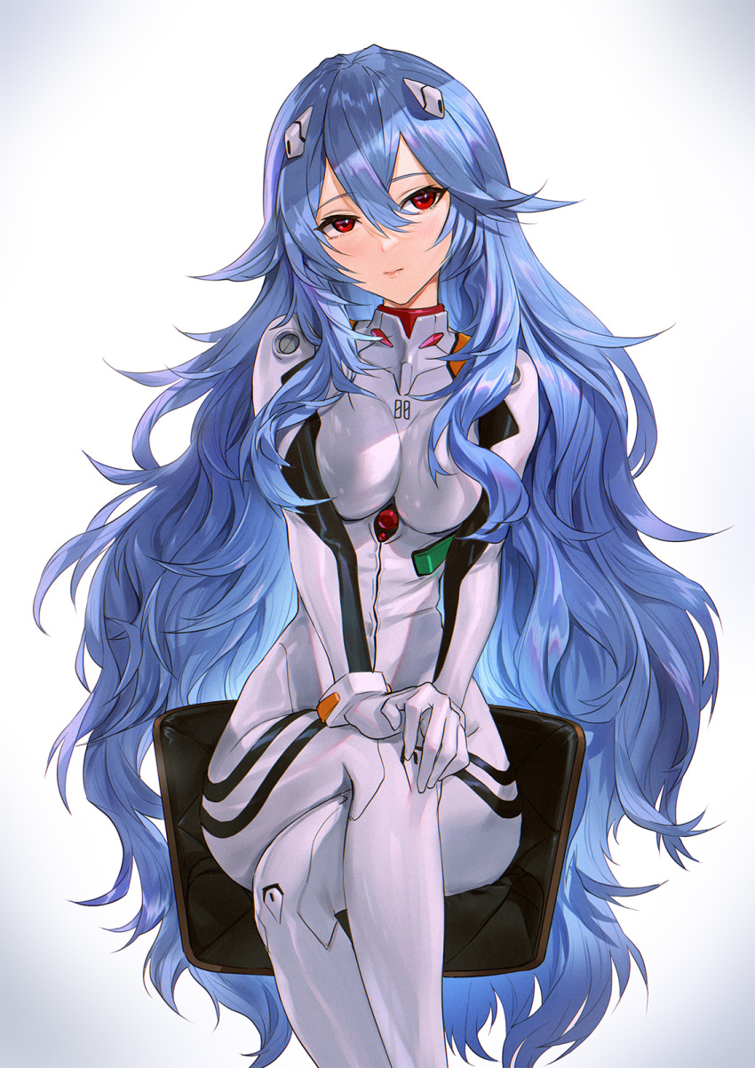 1girl, ayanami_rei, bangs, blue_hair, blush, bodysuit, breasts, crossed_legs