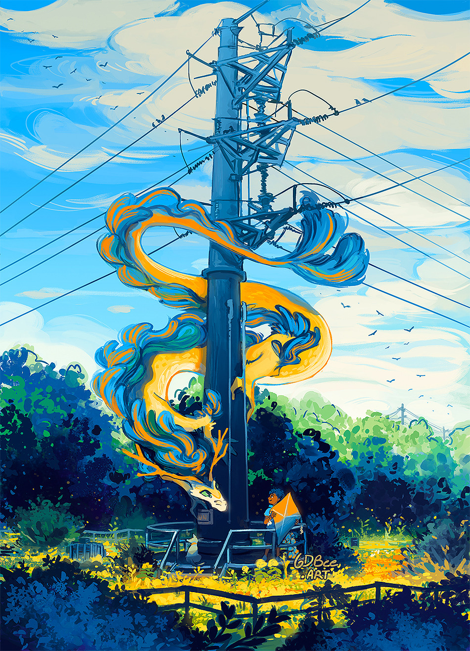1boy, animal, antlers, bird, blue_shirt, bush, cat, clouds