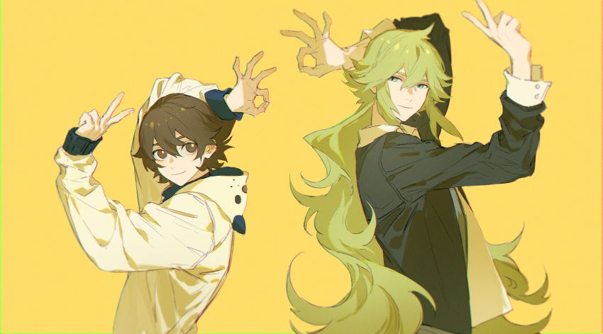 2boys, absurdres, alannoran, alternate_costume, bangs, black_jacket, brown_eyes, brown_hair