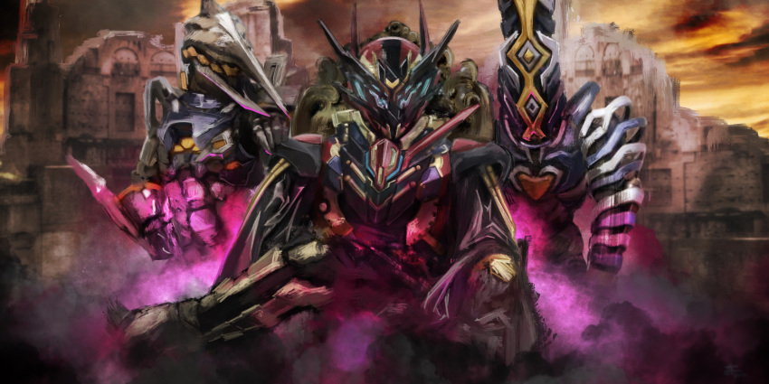 3boys, absurdres, antennae, apocalypse, armor, asymmetrical_armor, belt, black_cape