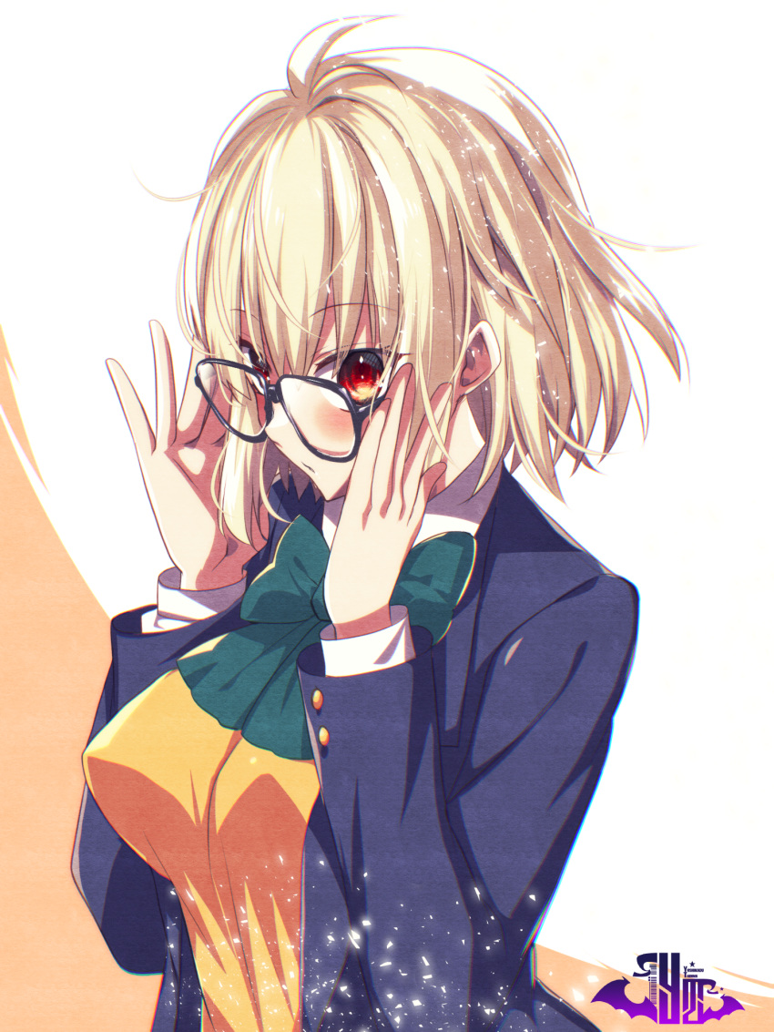 1girl, adjusting_eyewear, alternate_costume, antenna_hair, arcueid_brunestud, artist_name, bangs, black-framed_eyewear
