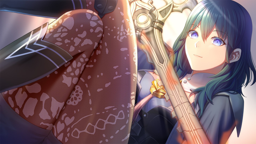 1girl, bangs, black_coat, black_shorts, blue_eyes, blue_hair, breasts, byleth_(fire_emblem)
