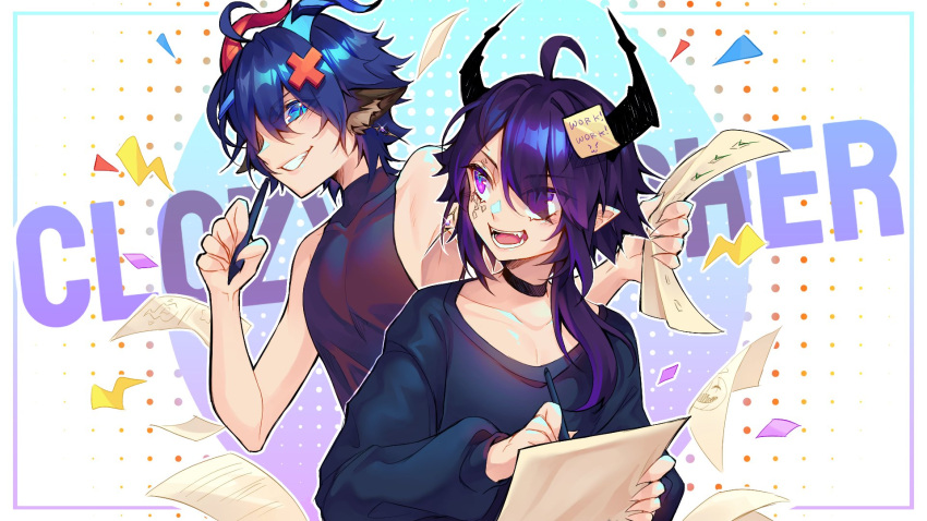 2others, androgynous, animal_ears, blue_eyes, blue_hair, choker, clozy_(vtuber), demon, demon_horns, highres, horns, indie_virtual_youtuber, looking_at_another, multiple_others, pale_skin, pointy_ears, purple_hair, tattoo, violet_eyes, virtual_youtuber, xeapher, xeapher_(vtuber)