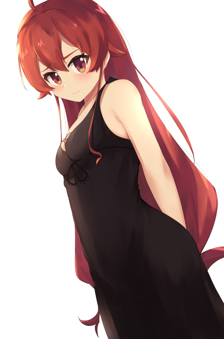 1girl, absurdres, ahoge, arms_behind_back, bangs, black_nightgown, blush, breasts