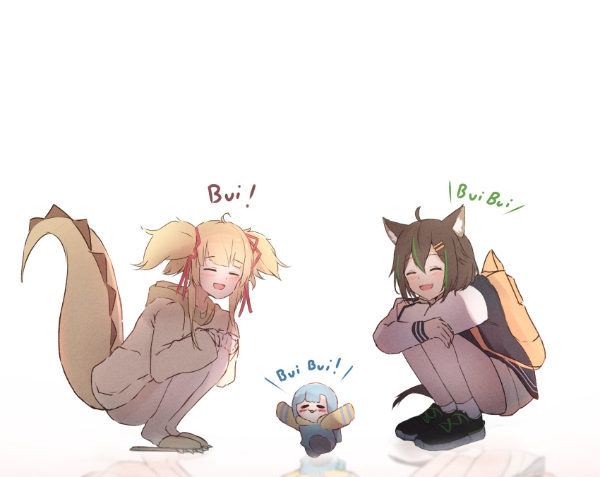 3girls, :d, \o/, ahoge, animal_ear_fluff, animal_ears, arms_up, blonde_hair