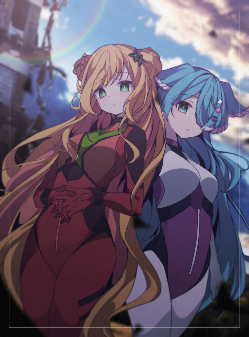 2girls, :o, amadeus_(amadeus0903), ayanami_rei, ayanami_rei_(cosplay), back-to-back, bangs, blonde_hair
