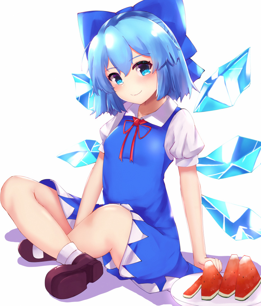 1girl, absurdres, bangs, black_footwear, blue_bow, blue_dress, blue_eyes, blue_hair