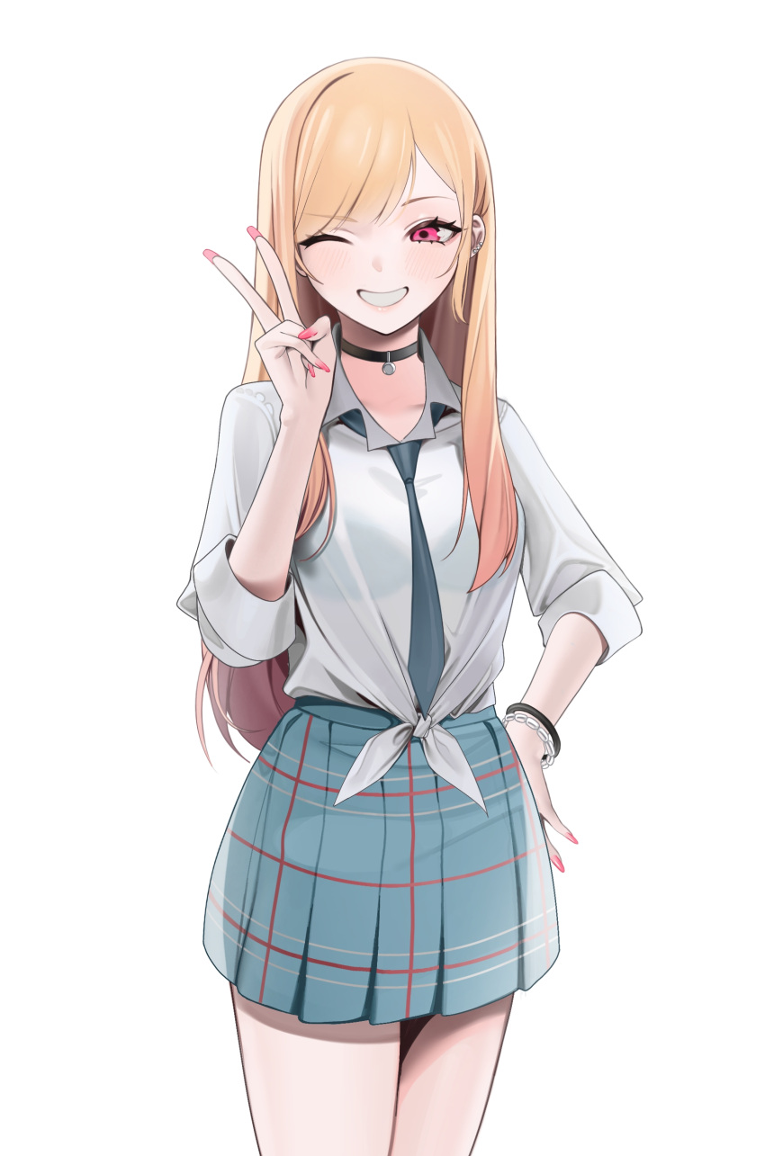 1girl, ;d, absurdres, bangs, blonde_hair, blush, bracelet, choker, earrings, eyebrows_visible_through_hair, grin, hand_on_hip, highres, jewelry, kashiko_(kshiko1), kitagawa_marin, long_hair, looking_at_viewer, necktie, one_eye_closed, pink_nails, pleated_skirt, red_eyes, school_uniform, simple_background, skirt, smile, solo, sono_bisque_doll_wa_koi_wo_suru, white_background