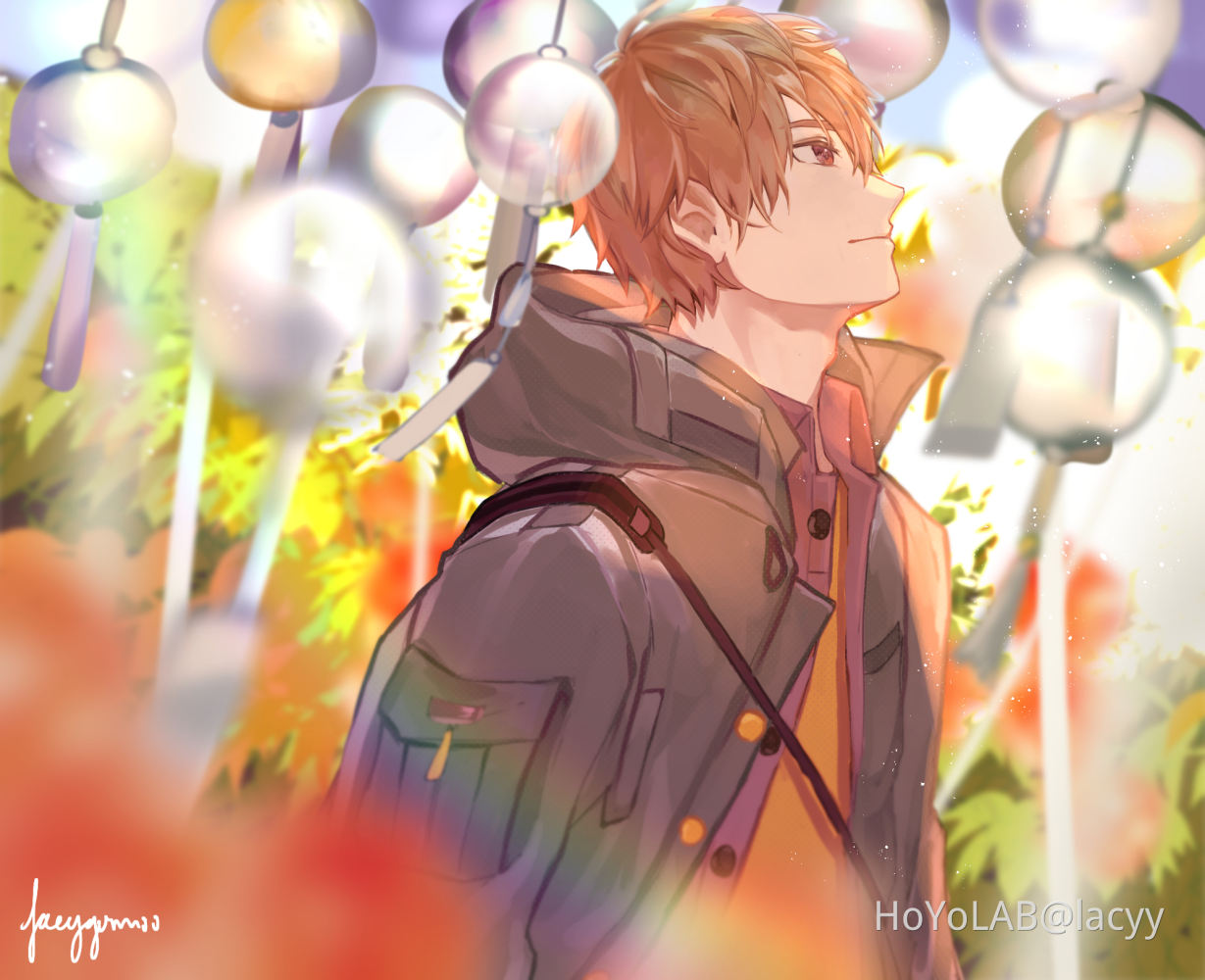 1boy, bag, bangs, blurry, blurry_foreground, brown_eyes, brown_hair, closed_mouth, green_jacket, jacket, lacyy, long_sleeves, luke_pearce_(tears_of_themis), open_clothes, open_jacket, shirt, short_hair, shoulder_bag, signature, smile, solo, tears_of_themis, wind_chime, yellow_shirt