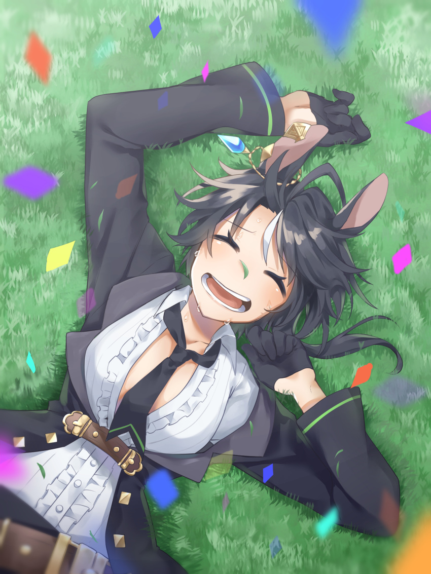 1girl, ahoge, animal_ears, belt, black_gloves, black_jacket, black_necktie, blurry