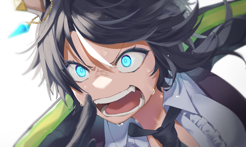 1girl, black_gloves, black_hair, black_jacket, black_necktie, blue_eyes, blurry, close-up