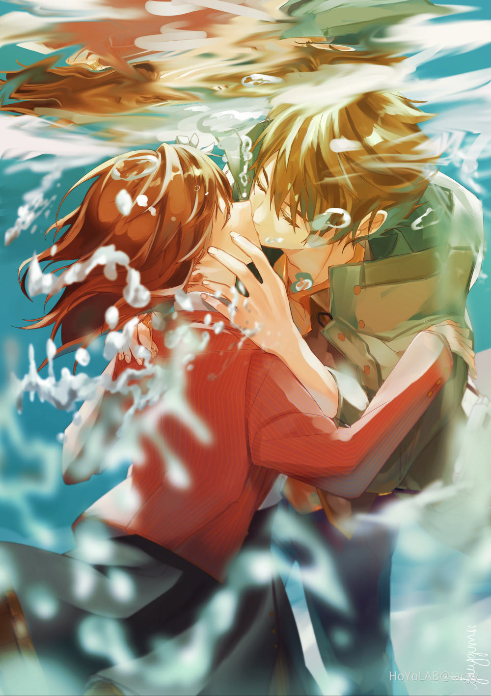 1boy, 1girl, bangs, black_skirt, brown_hair, closed_eyes, closed_mouth, green_jacket, highres, jacket, kiss, lacyy, long_hair, long_sleeves, luke_pearce_(tears_of_themis), open_clothes, open_jacket, red_jacket, rosa_(tears_of_themis), shirt, short_hair, skirt, tears_of_themis, underwater, wet, wet_clothes, wet_hair, wet_shirt, yellow_shirt