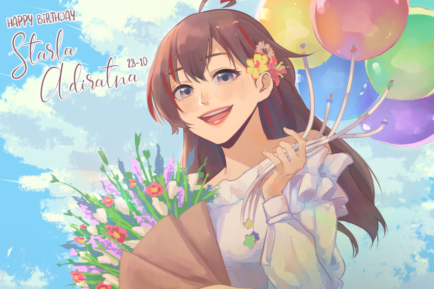 1girl, aoi_id, balloon, bangs, bouquet, brown_hair, character_name, clouds, cowlick, dated, flower, hair_flower, hair_ornament, hans_ky, happy_birthday, heart_hair, holding, holding_balloon, holding_bouquet, indonesian_commentary, multicolored_hair, open_mouth, portrait, purple_flower, purple_shirt, red_flower, redhead, shirt, sky, smile, starla_adiratna, streaked_hair, violet_eyes, virtual_youtuber, yellow_flower