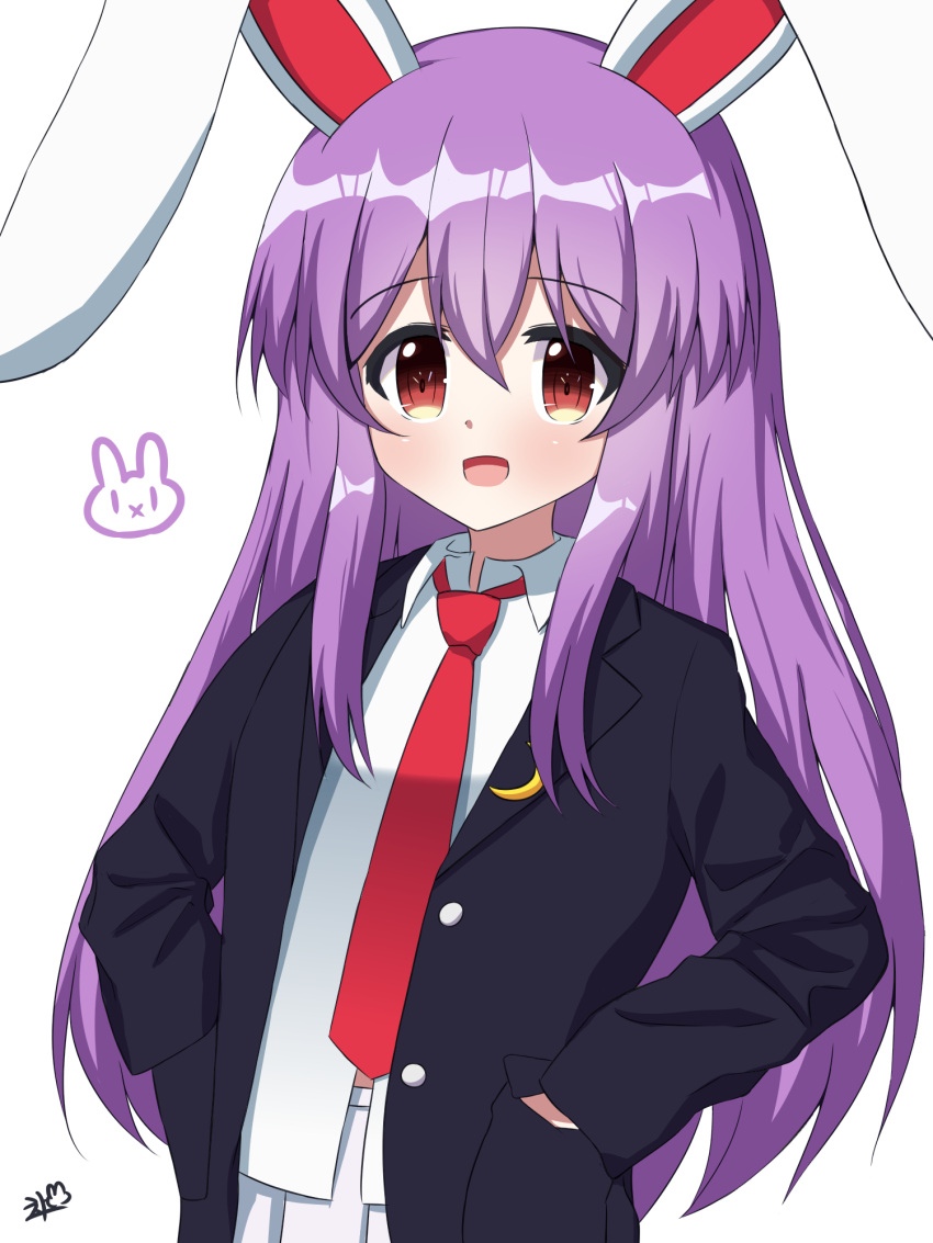 1girl, alternate_eye_color, animal_ears, bangs, black_jacket, blush, breasts, brown_eyes, buttons, chaleu, collared_shirt, crescent, eyebrows_visible_through_hair, hair_between_eyes, hands_in_pockets, highres, jacket, long_hair, long_sleeves, looking_at_viewer, medium_breasts, necktie, open_clothes, open_jacket, open_mouth, purple_hair, rabbit_ears, red_necktie, reisen_udongein_inaba, shirt, simple_background, skirt, smile, solo, standing, touhou, white_background, white_shirt, white_skirt