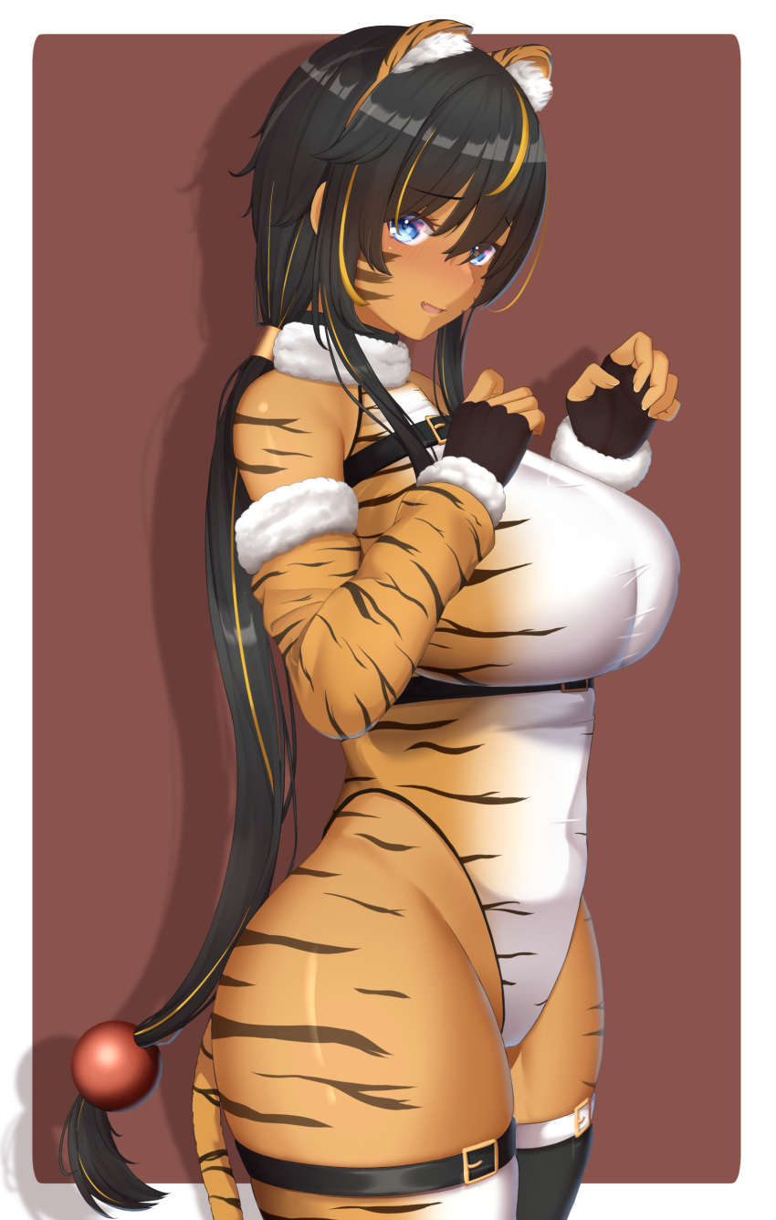 1girl, absurdres, animal_ears, animal_print, bangs, bare_shoulders, black_hair, black_legwear
