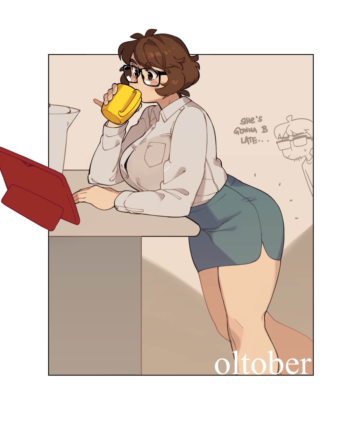 1boy, 1girl, artist_self-insert, bangs, blush, border, breasts, brown_eyes