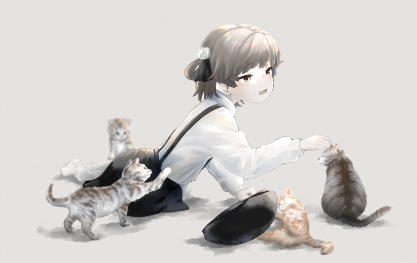 1girl, :d, black_skirt, blush, cat, fang, flower, grey_background