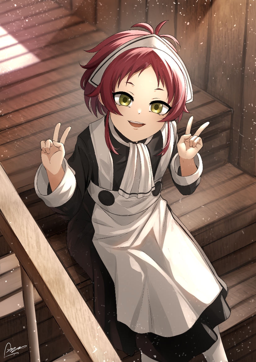 1girl, aisha_greyrat, apron, ascot, black_dress, double_v, dress, fadilah-rd49, light_particles, looking_at_viewer, maid, maid_apron, mushoku_tensei, pantyhose, railing, redhead, short_hair, signature, smile, solo, v, white_apron, wooden_floor, yellow_eyes