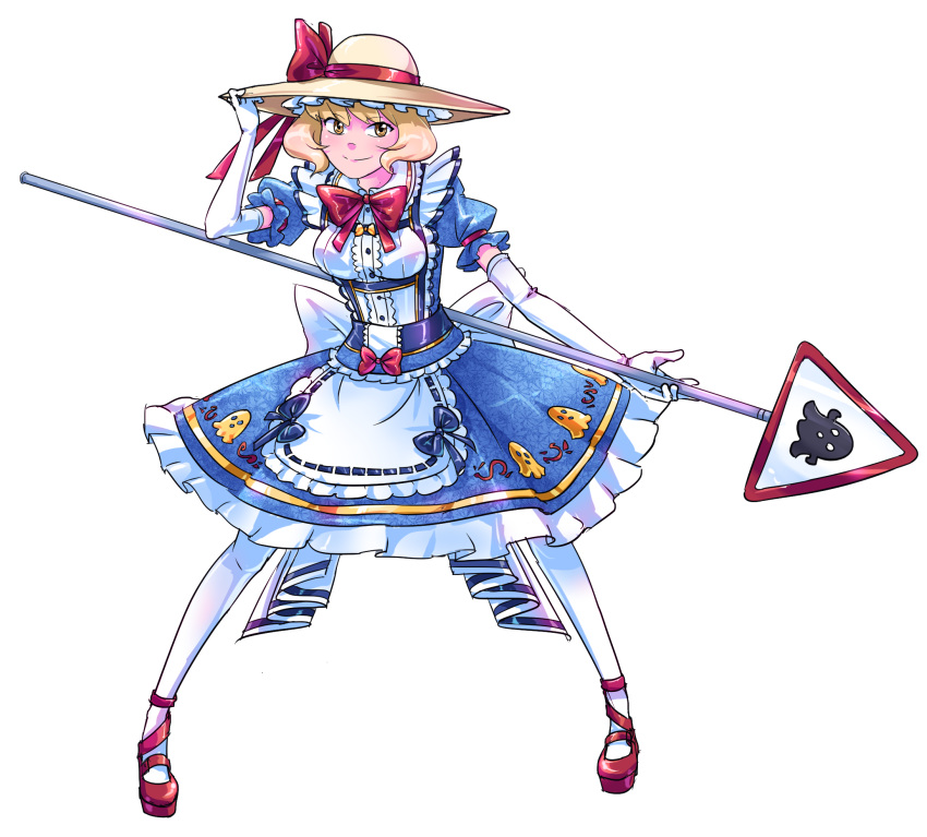 1girl, adapted_costume, apron, back_bow, blonde_hair, blue_bow, blue_dress, blue_ribbon, bow, bowtie, breasts, center_frills, closed_mouth, david_hrusa, dress, elbow_gloves, frilled_apron, frilled_dress, frilled_hat, frills, full_body, ghost_print, gloves, hand_on_headwear, hat, hat_bow, highres, holding, holding_clothes, holding_hat, holding_sign, mary_janes, medium_breasts, patterned_clothing, puffy_short_sleeves, puffy_sleeves, red_bow, red_bowtie, red_footwear, ribbon, ribbon-trimmed_apron, ribbon_trim, road_sign, shoes, short_sleeves, sign, simple_background, smile, standing, sun_hat, touhou, touhou_(pc-98), transparent_background, waist_apron, white_apron, white_bow, white_gloves, white_legwear, yellow_eyes, yellow_headwear