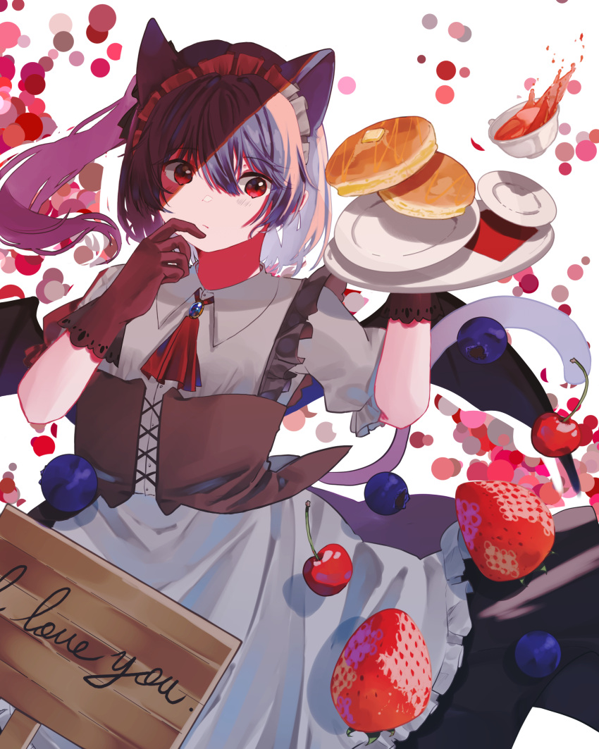 1girl, absurdres, alternate_costume, alternate_hairstyle, animal_ears, apron, arm_up, ascot
