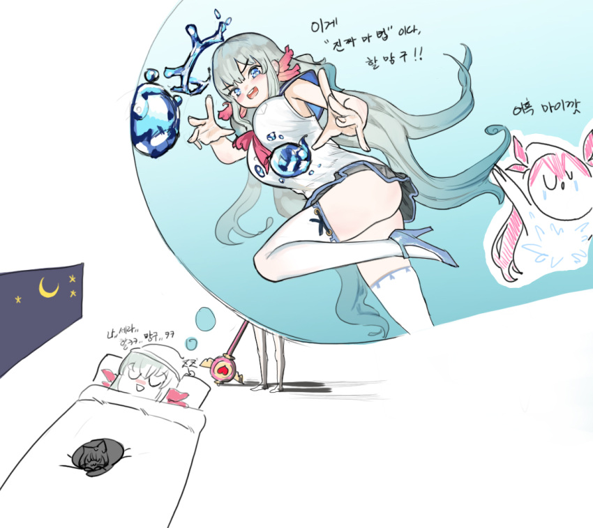 2girls, alternate_breast_size, animalization, axolotl_girl, blue_hair, breasts, bubble, cat