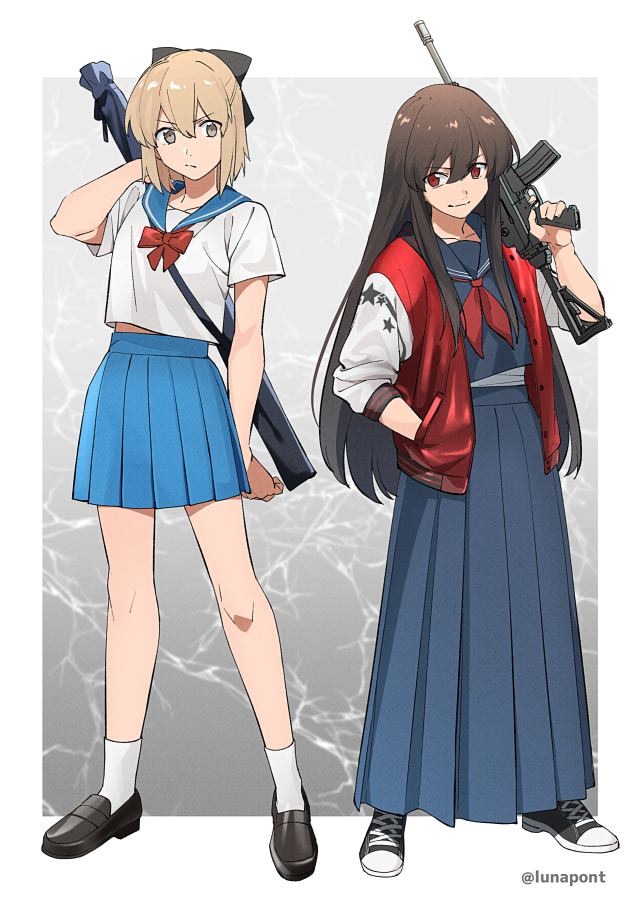 2girls, arm_behind_back, assault_rifle, black_bow, black_hair, blonde_hair, blue_skirt, border