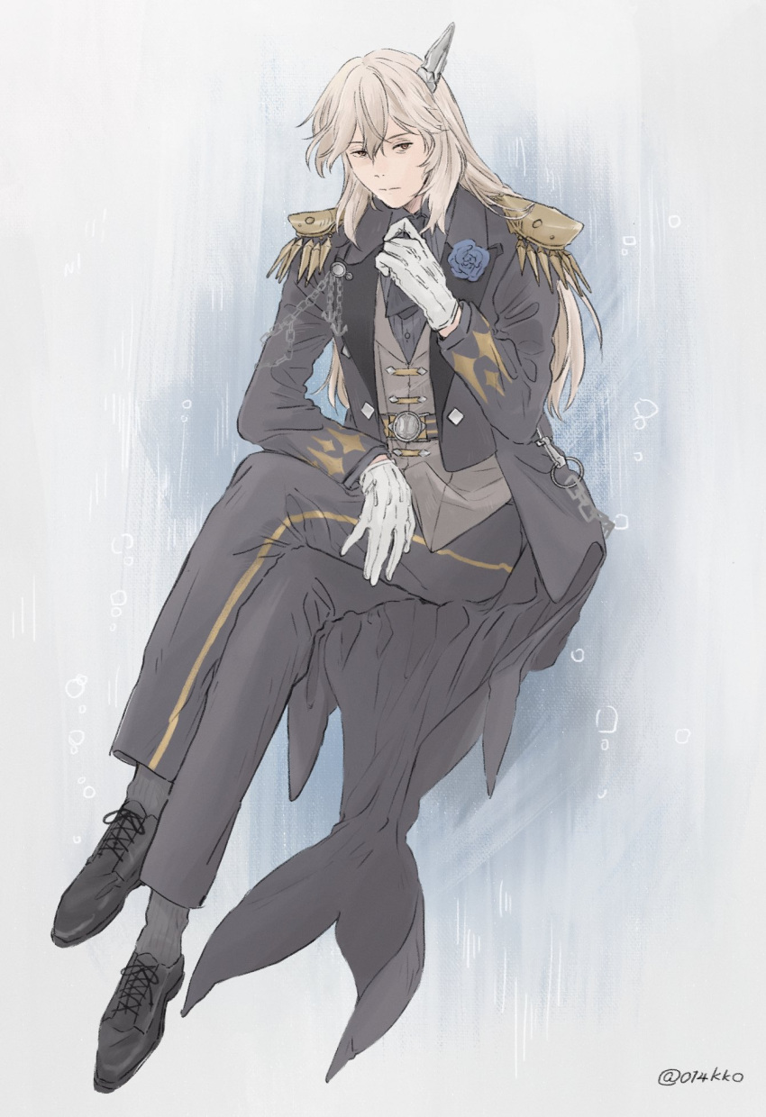 1boy, abyssal_chain_clown_oni, abyssal_ship, androgynous, bangs, black_footwear, blue_flower, blue_rose