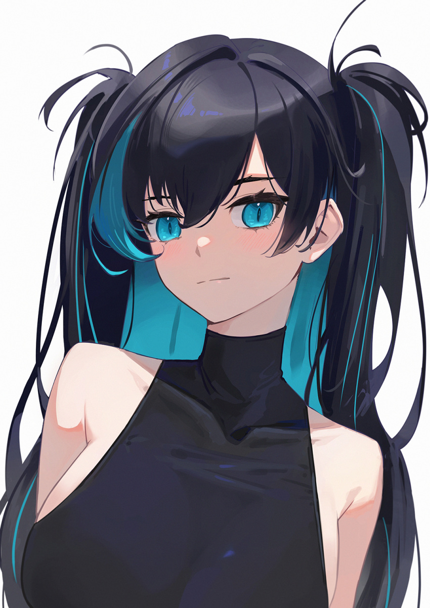 1girl, bare_shoulders, black_hair, black_shirt, blue_eyes, blue_hair, breasts, closed_mouth