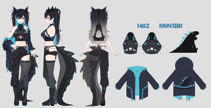 1girl, absurdres, asymmetrical_clothes, bare_shoulders, black_footwear, black_hair, black_pants, blue_eyes