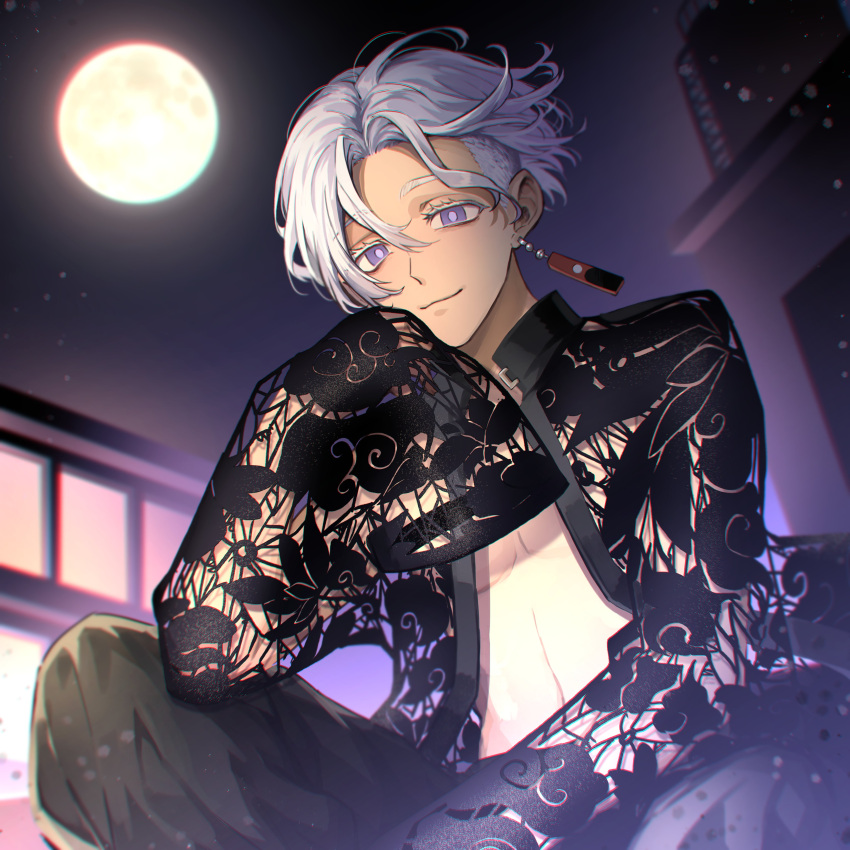 1boy, absurdres, black_jacket, black_pants, closed_mouth, cowboy_shot, earrings, full_moon