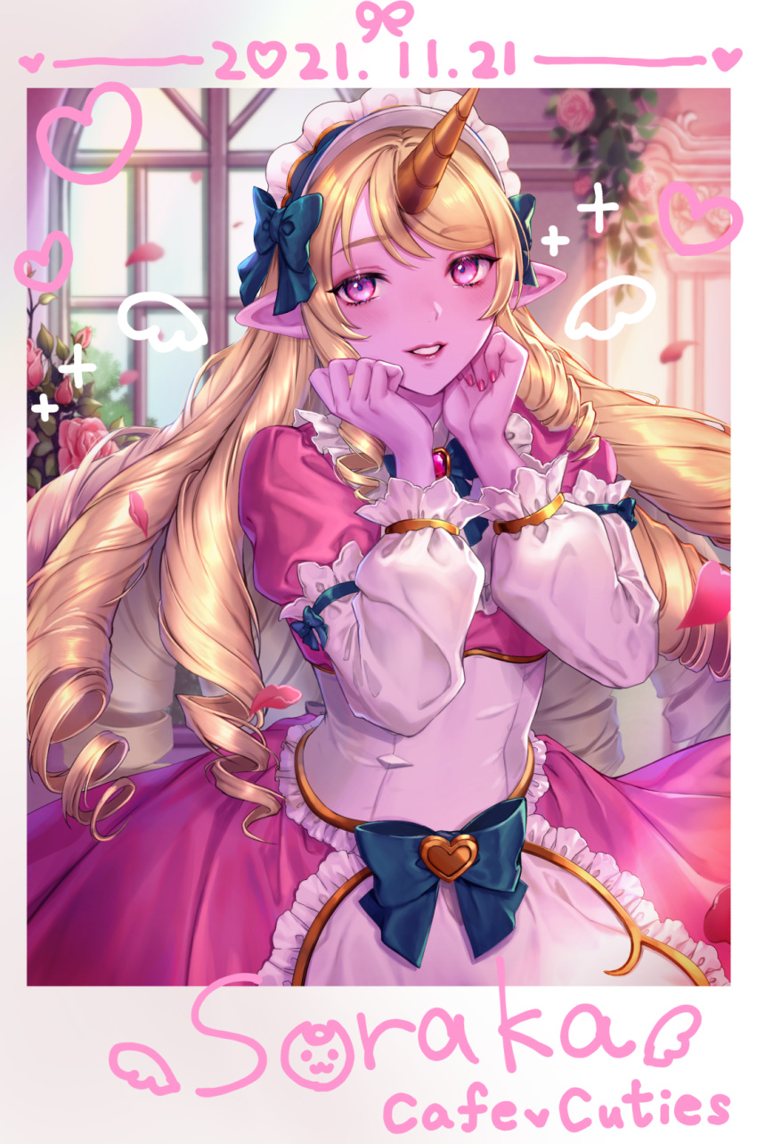 1girl, apron, bangs, blonde_hair, blush, bow, brooch, cafe_cuties_soraka