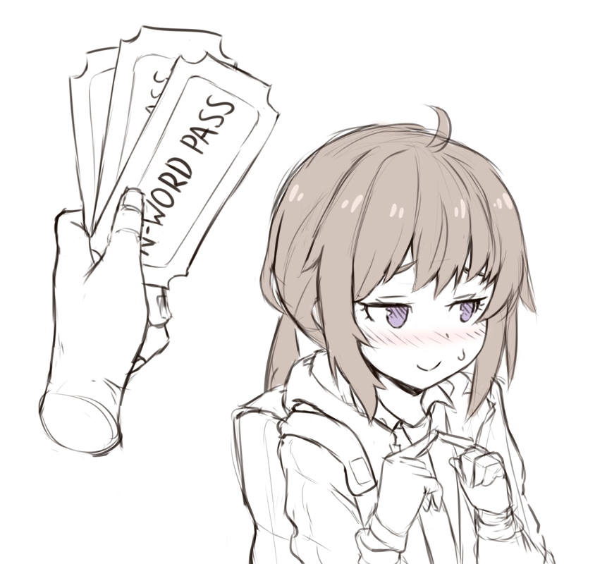 1girl, ahoge, backpack, bag, blush, brown_hair, closed_mouth, commentary, english_commentary, fidgeting, girls_frontline, jalm, jitome, m200_(girls'_frontline), n-word_pass, ponytail, pov, pov_hands, simple_background, smile, spot_color, violet_eyes, white_background