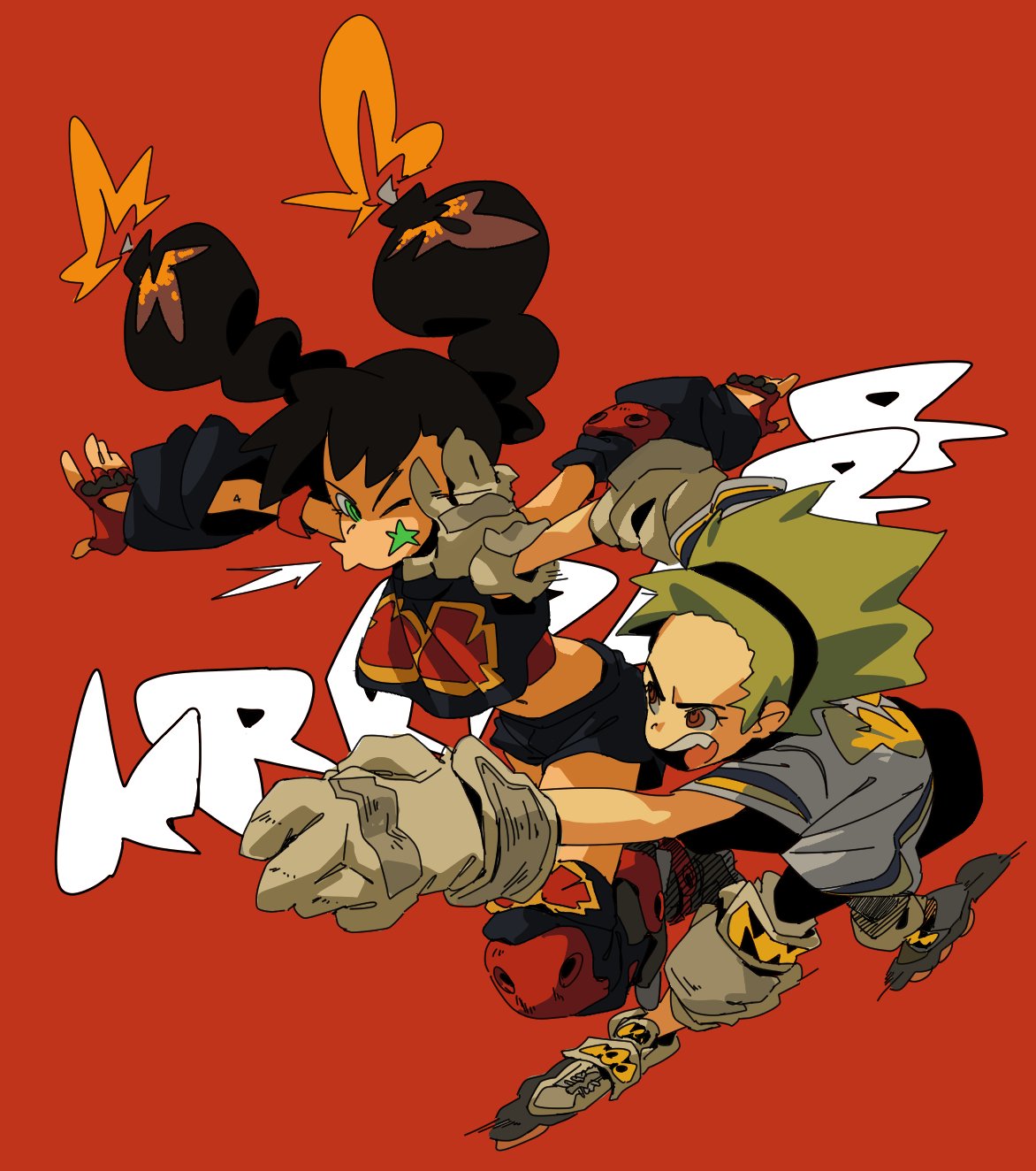 2girls, beige_gloves, black_hair, black_hairband, bomb, detached_sleeves, evilstaplers, facial_mark