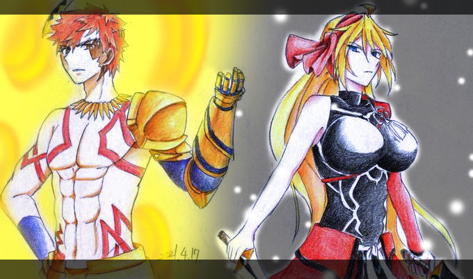 1boy, 1girl, ahoge, angelica_ainsworth, archer_(fate), archer_(fate)_(cosplay), armor, blonde_hair